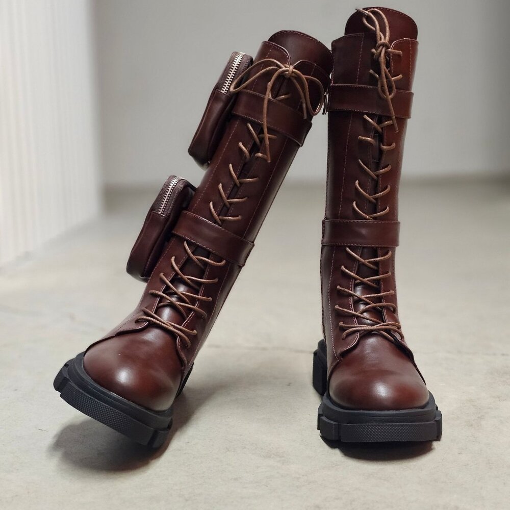 Lace-Up Wine Combat Boots With Detachable Utility Pouches & Side Zippers For Wom - Picture 6 of 12